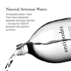Antipodes bottle side label close-up highlighting source and sustainable certification benefits