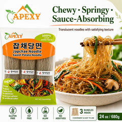 APEXY cooked japchae stir-fry showcasing glossy noodles absorbing sauce flavors