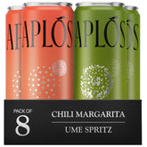 Aplós front packshot showing both Ume Spritz and Chili Margarita cans, attractive ready-to-serve presentation