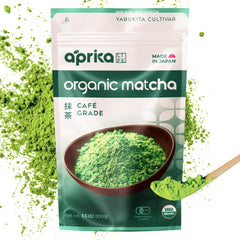 aprikalife front packaging showing certified organic matcha, bright and confident