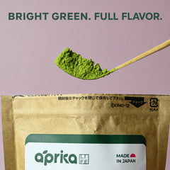 aprikalife close-up of fine green matcha powder texture and freshness