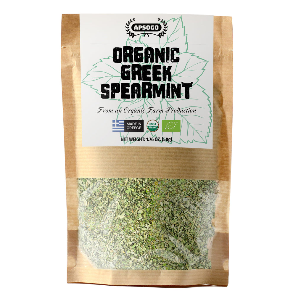 APSOGO front pouch showing label and fresh Greek spearmint, preserves aroma