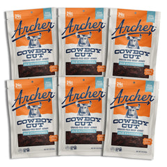 Archer Jerky front packaging showing six 2 oz pouches and brand label benefit portable protein