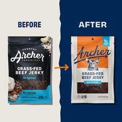 Archer Jerky pouch opened with strips visible showing portable protein snack on the go