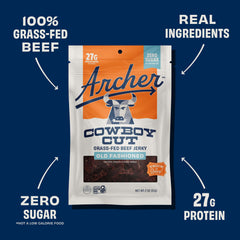 Archer Jerky held in hand to show 2 oz serving size and convenient single-serve benefit