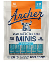 Archer Mini Grass‑Fed Beef Sticks front packaging showing 28 count and portable benefit