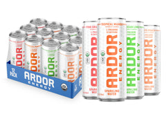 ARDOR energy tropical pack front showing sleek cans and variety benefits