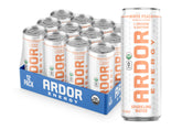 ARDOR white peach front packaging showing slimmer can and branding, convenient energy
