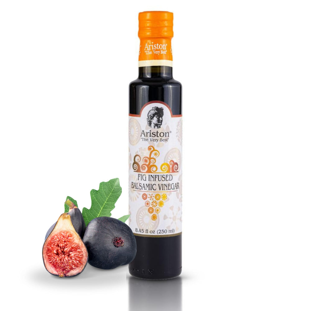 Ariston fig balsamic front bottle showing elegant glass and label, highlights quality