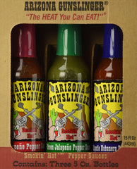Arizona Gunslinger front pack shot showing three 5 oz bottles and gift packaging, showcases variety