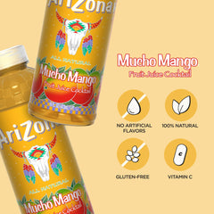 AriZona Mucho Mango bottle close-up highlighting texture and real mango taste