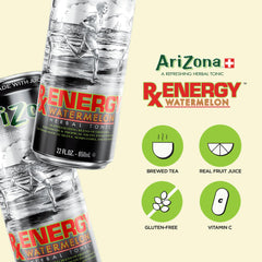 AriZona RX Energy Watermelon label detail highlighting ingredients and natural caffeine benefits