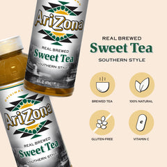 Close-up of AriZona Sweet Tea label and brewed-tea detail highlighting authentic flavor
