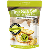 Aromasong front packaging of 2.43 lb resealable Dead Sea fine salt, clear labeling benefit