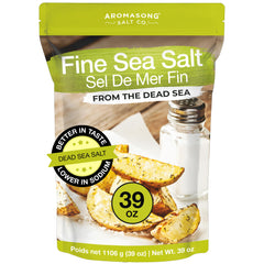 Aromasong front packaging of 2.43 lb resealable Dead Sea fine salt, clear labeling benefit