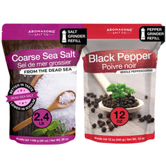 Aromasong front packaging showing salt and pepper refill combo for convenience