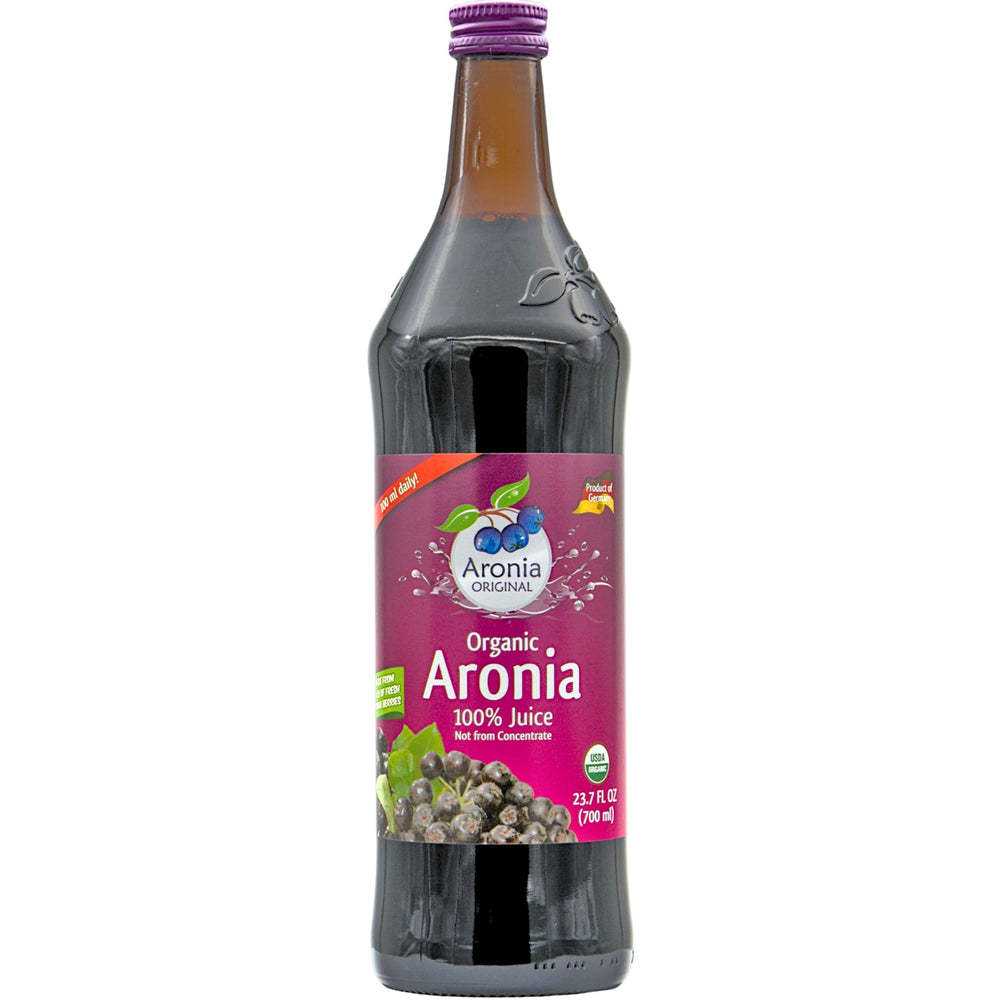 Aronia Original front label on amber bottle showing organic branding and volume benefit