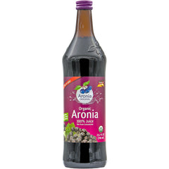Aronia Original front label on amber bottle showing organic branding and volume benefit