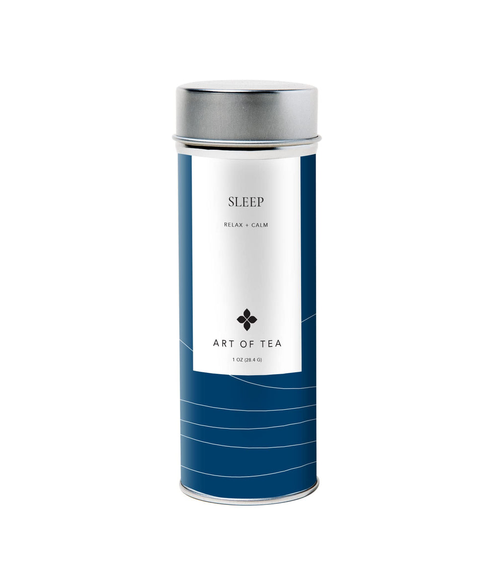 Art of Tea tin front view showing organic sleep tea and calm packaging benefits