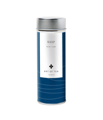Art of Tea tin front view showing organic sleep tea and calm packaging benefits