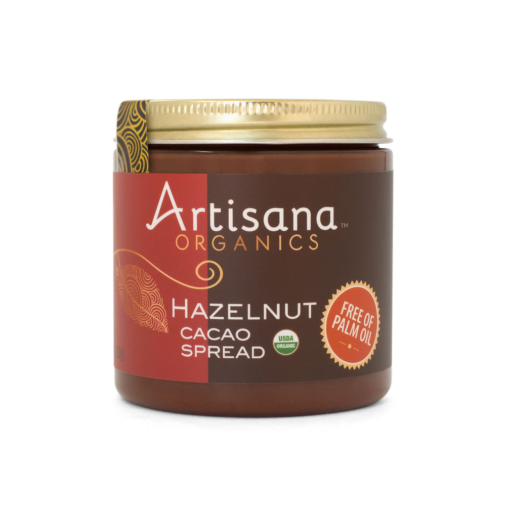 Artisana jar front label showing organic hazelnut cacao spread benefits