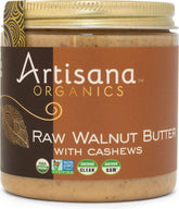 Artisana jar front label showing organic walnut cashew butter and benefits