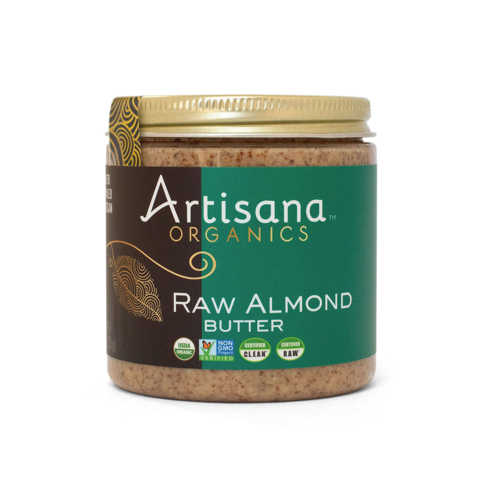 Artisana jar front view showing clean label and organic almond benefit