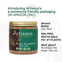 Artisana open jar top view displaying creamy texture and nutritional benefit