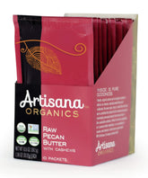 Artisana raw pecan cashew pouch front showing convenient single-serve pack and clean label benefits