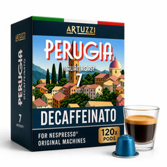 Artuzzi front packaging showing 120 decaf pods and brand name for reliable supply