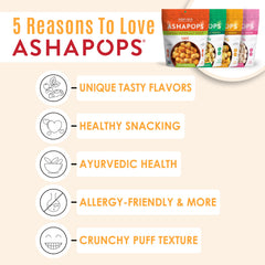 AshaPops four 1 oz bags arranged to display included flavors and convenience
