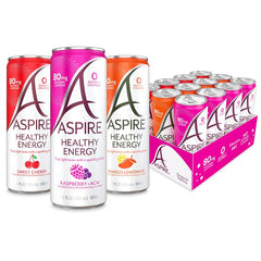 Aspire front packaging 12-pack showing variety and convenience for daily energy