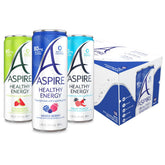 ASPIRE variety pack front view showing 18 slim cans and clear flavors, convenient energy