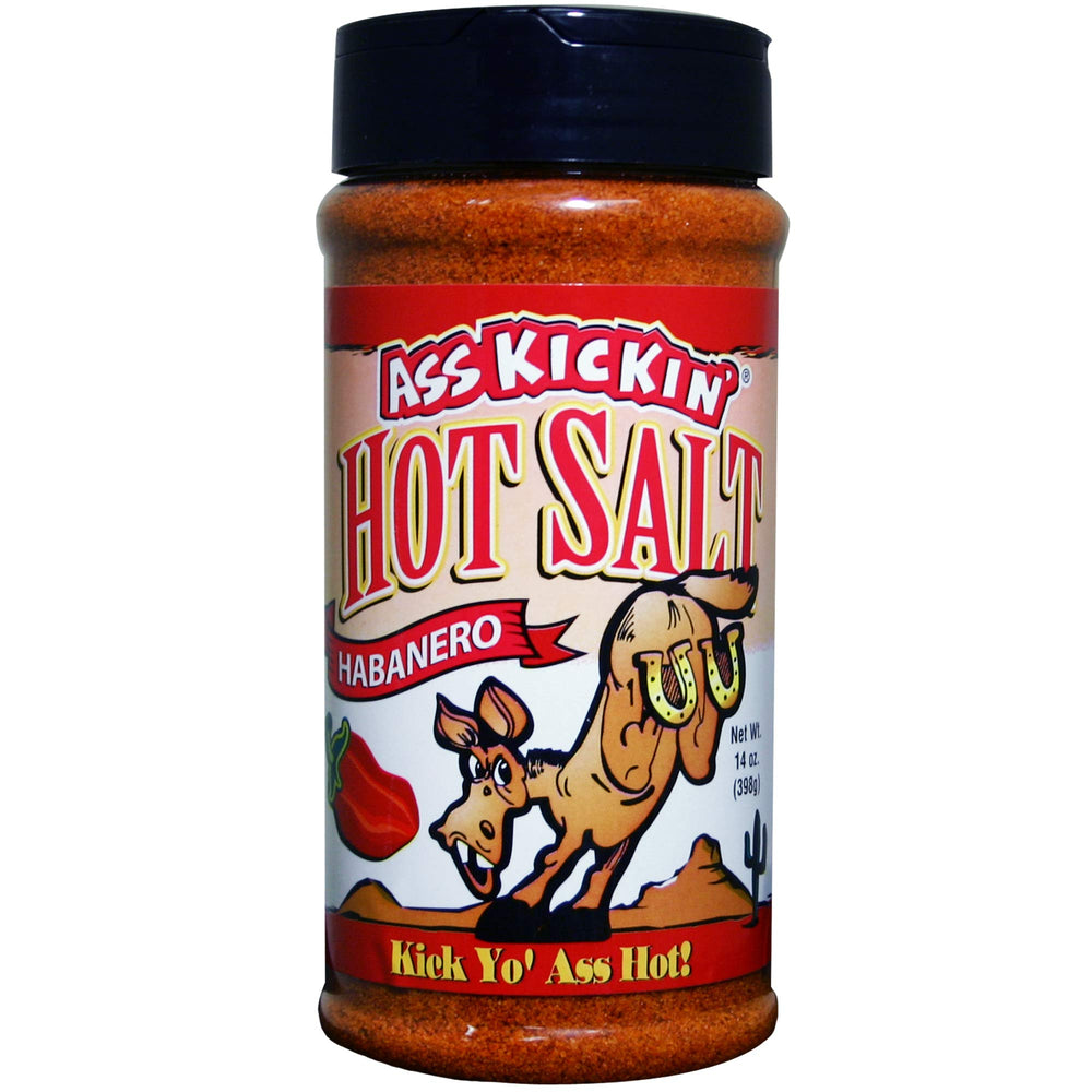 ASS KICKIN' front packaging shows 14 oz shaker and bold label, enhances pantry shelf appeal