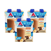 Atkins front packaging shows chocolate banana shake and serving convenience