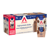 Atkins front packaging showing milk chocolate shake and 12-count benefit