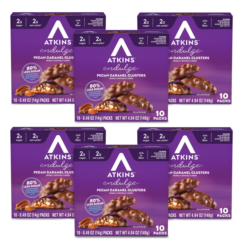Atkins pecan caramel clusters front packaging showing product count and benefits