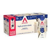 Atkins vanilla front pack showing 12-count bottles and convenience