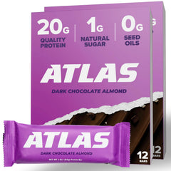 Atlas Protein Bar front packaging showing dark chocolate almond flavor and clean ingredients benefit