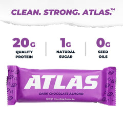 Atlas Protein Bar almond butter and dark chocolate close-up emphasizing real-food ingredients