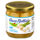 Aunt Nellie's front jar packaging showing whole onions and clear brine for pantry visibility