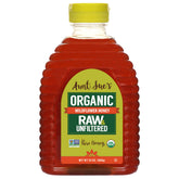 Aunt Sue's jar front label showing organic quality and clear amber honey benefit