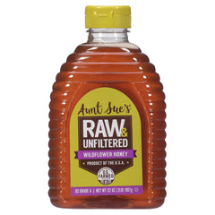 Aunt Sue's front label on 32 oz jar showing brand and raw wildflower benefit