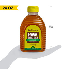 Aunt Sue's jar open with honey pouring, highlighting easy pour benefit