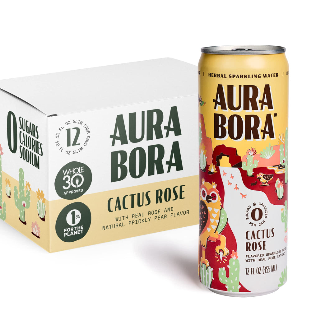 Aura Bora can front view showing Cactus Rose design and zero-calorie benefit