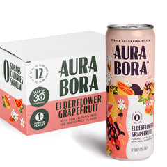 Aura Bora front packaging showing 12-can pack and flavor for quick identification and appeal
