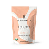 Autoimmuni-Tea front packaging showing organic turmeric ginger blend benefit of clear labeling