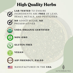 Autoimmuni-Tea dried herb texture close-up emphasizing stinging nettle and lemon balm quality