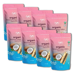 Ava Organics front packaging showing 8-pack coconut crispy rollers and organic seal for snack convenience