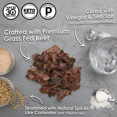 Ayoba close-up of grass-fed beef texture, highlights natural chew and quality